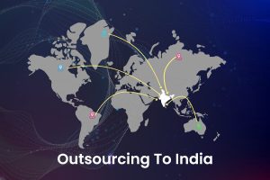 World map with India highlighted. Outsource to India for cost-effective solutions and skilled workforce.